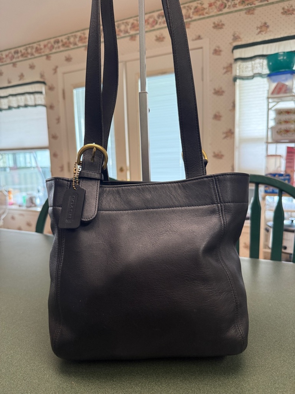 Vintage Coach Waverly Black Leather Shoulder Bag with Brass Accents